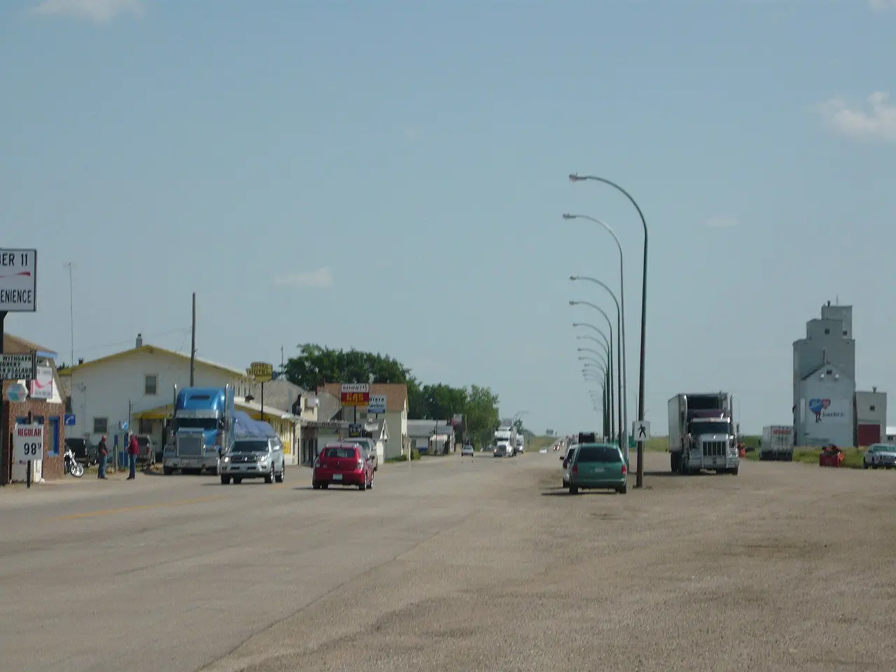 Highway 11 business strip with grain elevator, Chamberlain, 2009