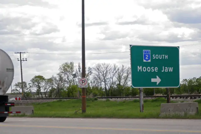 Highway 2 South sign to Moose Jaw at Chamberlain